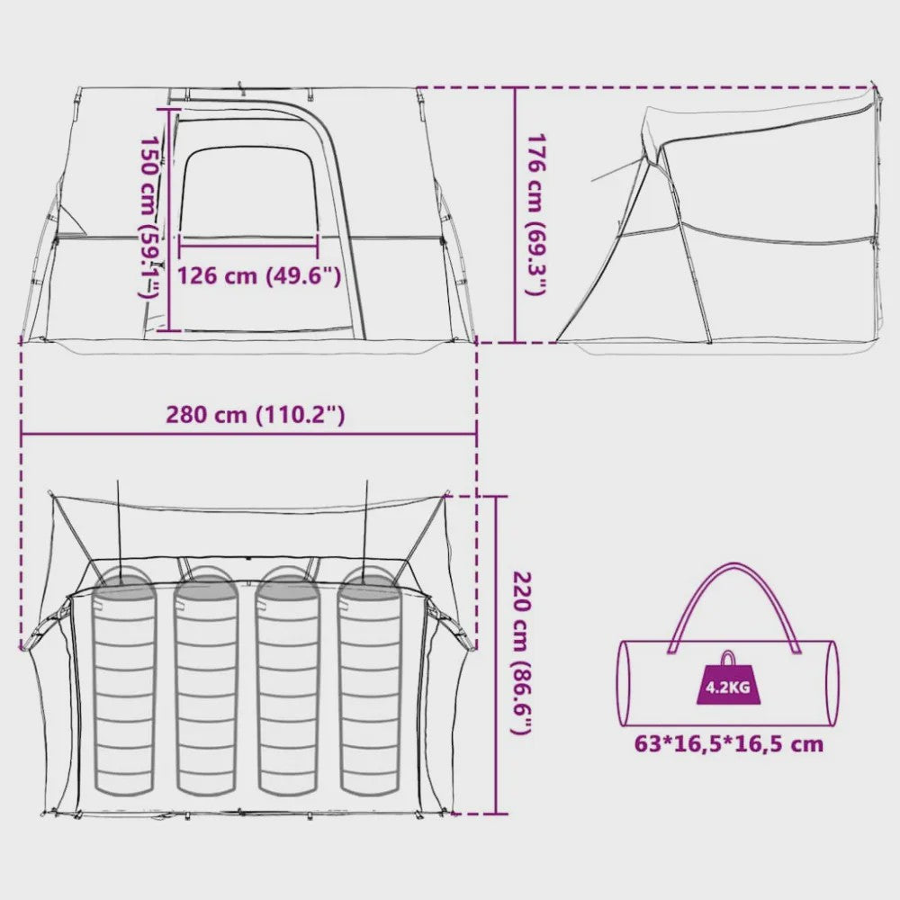 Ruime Outdoor Camping Tent 280x220x176 cm - Lichtgewicht Taffeta met Glasvezelstokken en Draagtas
