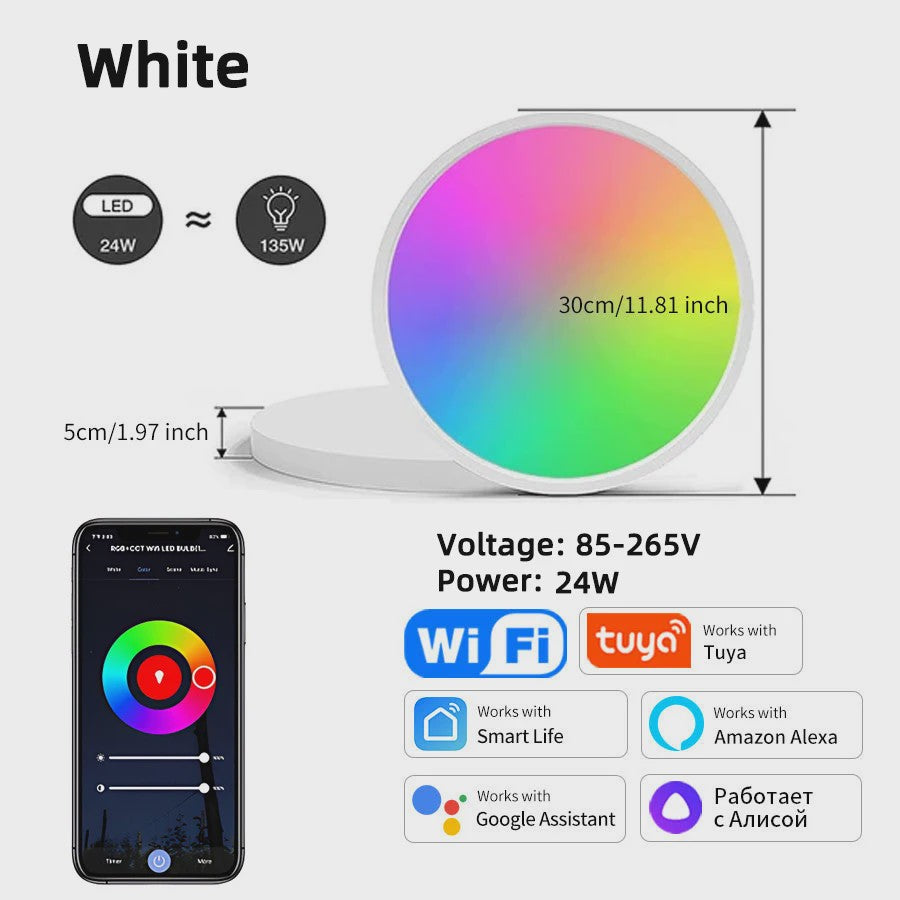 Slimme Plafondlamp 24W - WiFi & Bluetooth, RGB Kleuren, Dimbare LED met App, Alexa & Google Home Compatibel