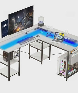 L-vormig Bureau met LED Verlichting, Stopcontacten en USB-poorten - Modern Grijs Design