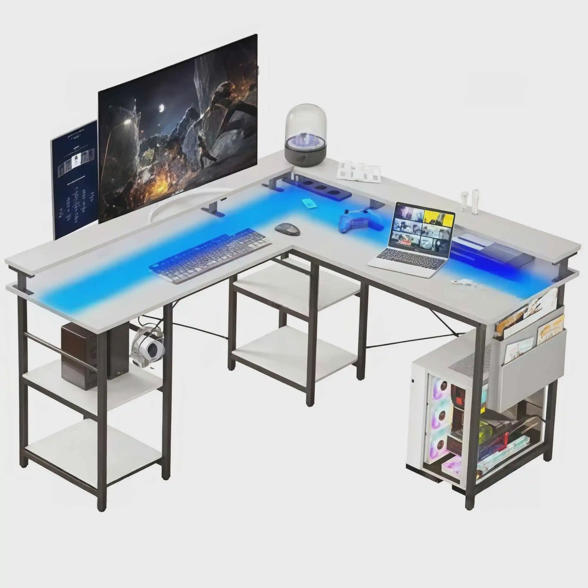 L-vormig Bureau met LED Verlichting, Stopcontacten en USB-poorten - Modern Grijs Design