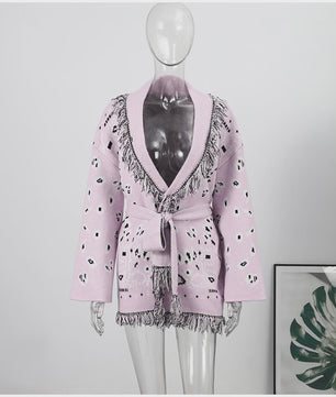 Gebreide Dames Cardigan met Patchwork Print, V-hals en Franjes - Stijlvolle Herfstjas
