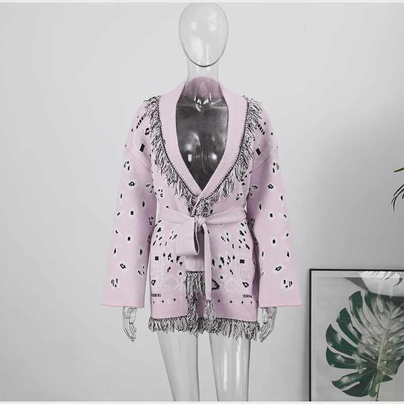 Gebreide Dames Cardigan met Patchwork Print, V-hals en Franjes - Stijlvolle Herfstjas