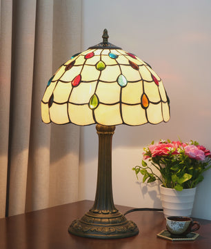 Vintage Gebrandschilderd Glas Tafellamp - Pauwstaart Stijl