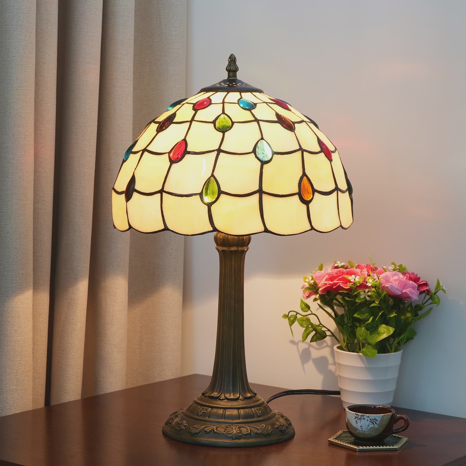 Vintage Gebrandschilderd Glas Tafellamp - Pauwstaart Stijl