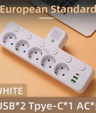 Wandcontactdoos met 5 AC-aansluitingen, 2 USB-poorten, Nachtlampje en Onafhankelijke Schakelaars
