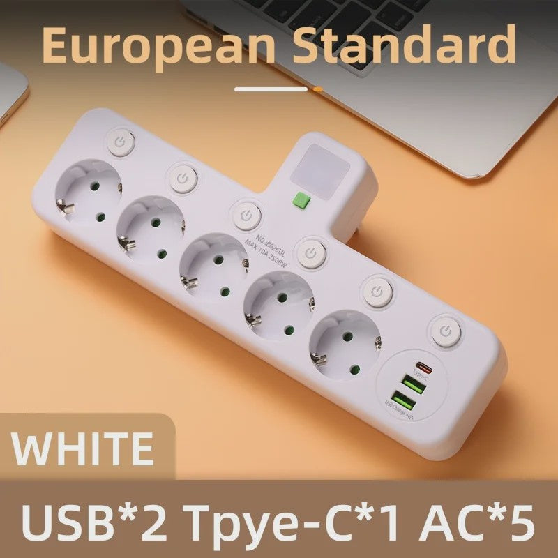 Wandcontactdoos met 5 AC-aansluitingen, 2 USB-poorten, Nachtlampje en Onafhankelijke Schakelaars