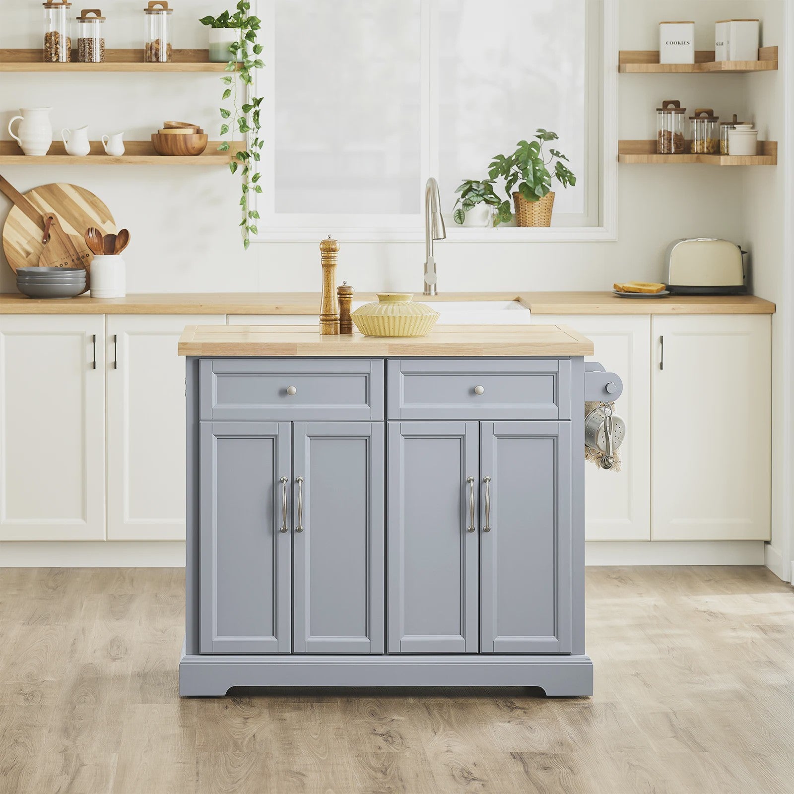 Keuken Eiland met Uittrekbaar Werkblad, Lades en Opbergruimte - Wit/Houtkleur
