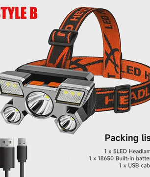 Krachtige 5 LED Hoofdlamp met Ingebouwde Batterij - USB Oplaadbaar voor Buitenactiviteiten