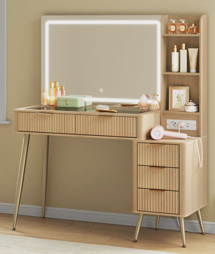 WOLTU Kaptafel met Groot LED Spiegel, Verstelbare Verlichting, Make-up Tafel met Lades en Stopcontact
