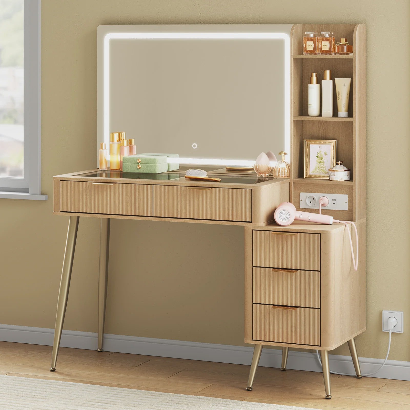 WOLTU Kaptafel met Groot LED Spiegel, Verstelbare Verlichting, Make-up Tafel met Lades en Stopcontact
