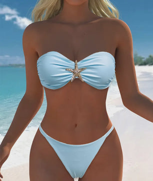 Dames Push-Up Bikini Set met Zeester Decoratie - High Cut & Tie Side - Zomer Vakantie Beachwear