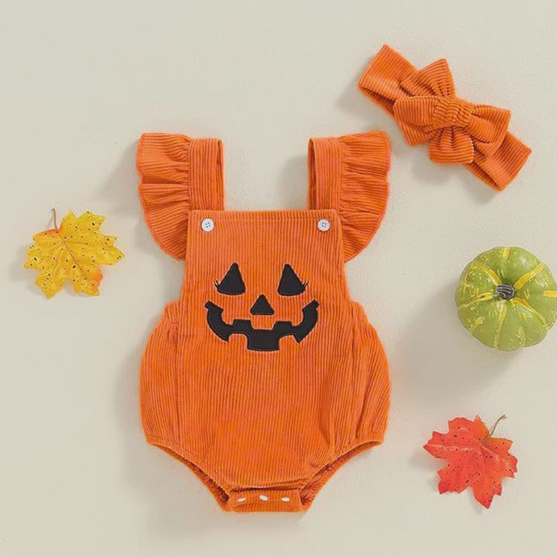 Schattige Halloween Baby Romper met Pompoenprint & Mutsje - 1-12 Maanden