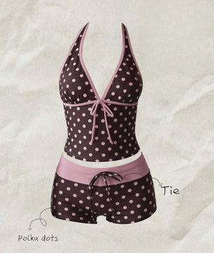 Dames Polka Dot Tankini Set - 2-Delig met Halter V-hals Top en Shorts