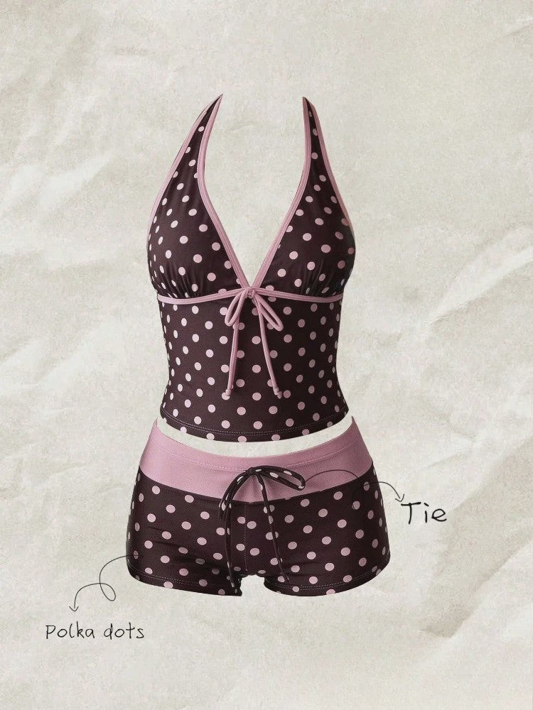 Dames Polka Dot Tankini Set - 2-Delig met Halter V-hals Top en Shorts