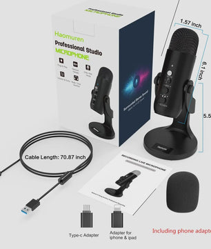 Haomuren USB Condenser Microfoon voor PC, Mac, Gaming, Streaming & Podcasts - Met Telefoon Adapter & Koptelefoon Uitgang