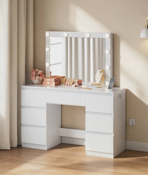 Witte Kaptafel met Spiegel, LED Verlichting en 7 Lades - Inclusief Oplaadpunt