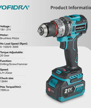 YOFIDRA Accu Klopboormachine 700Nm Brushless - Krachtige Schroefmachine & Boor