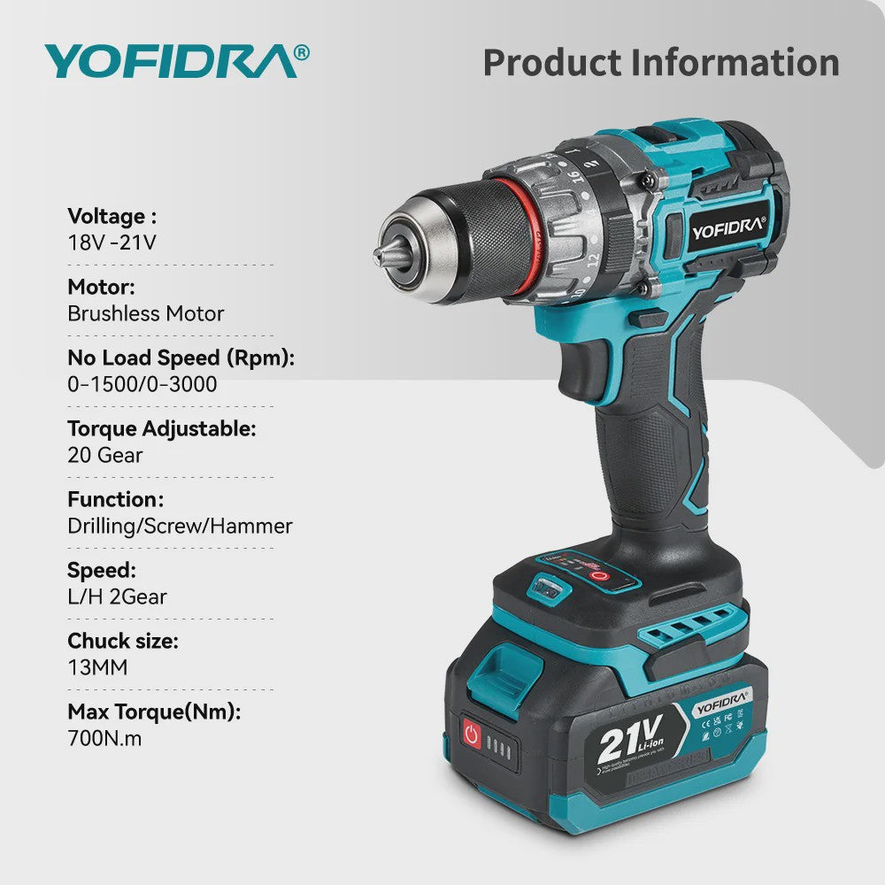 YOFIDRA Accu Klopboormachine 700Nm Brushless - Krachtige Schroefmachine & Boor
