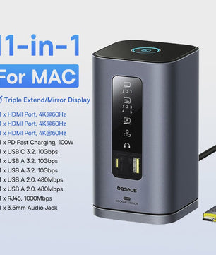 Baseus 15-in-1 USB-C Docking Station: 160W PD, 4K@120Hz HDMI, 25W Draadloze Charger & 180W GaN Adapter