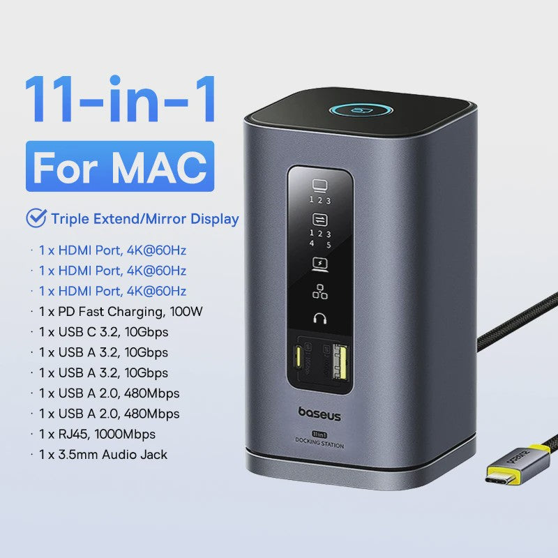Baseus 15-in-1 USB-C Docking Station: 160W PD, 4K@120Hz HDMI, 25W Draadloze Charger & 180W GaN Adapter