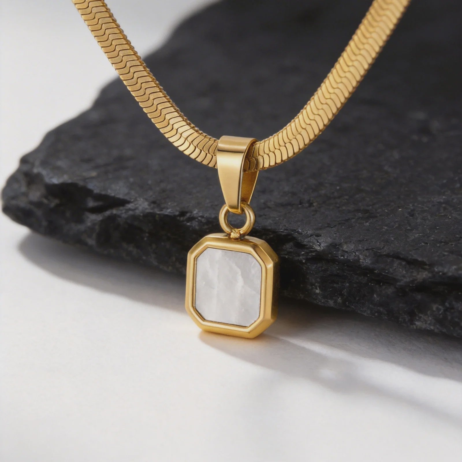 Vnox Heren Ketting met Geometrische Vierkante Natuursteen Hanger - Goud/Zilver Kleur Roestvrij Staal Blade Ketting
