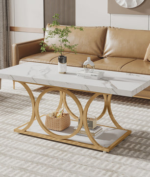 Moderne Rechthoekige Salontafel met 2 etages en Marmerlook & Gouden Frame