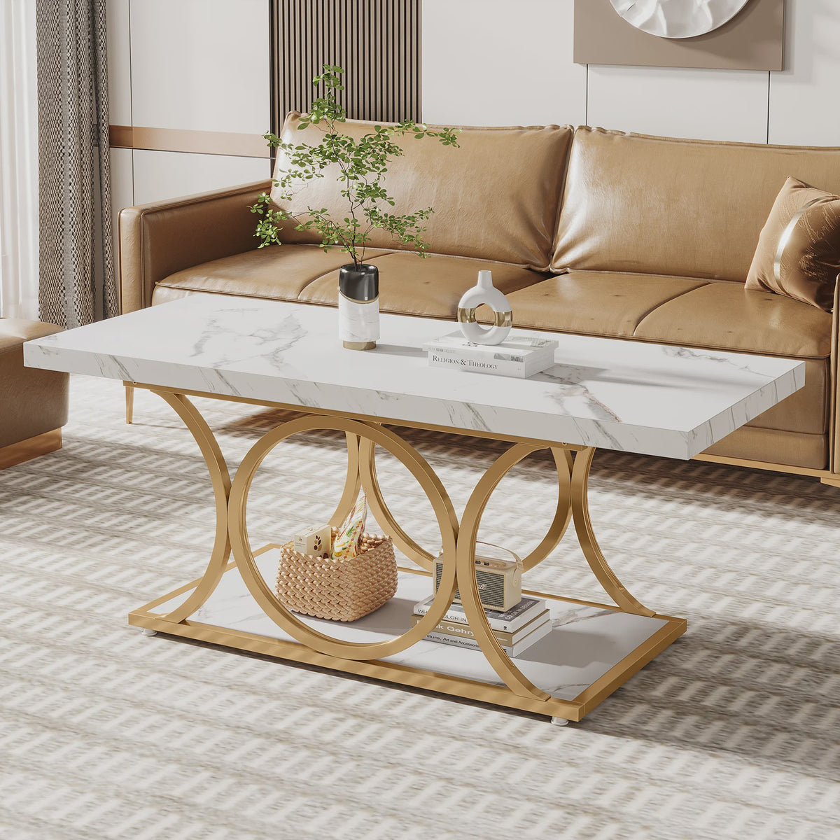 Moderne Rechthoekige Salontafel met 2 etages en Marmerlook & Gouden Frame