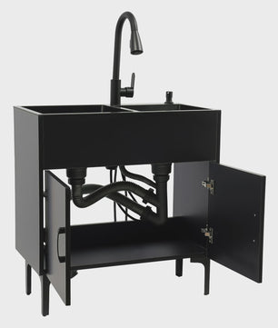 Dubbele RVS Spoelbak met Zwart Wastafelmeubel - Vrijstaand 30-Inch