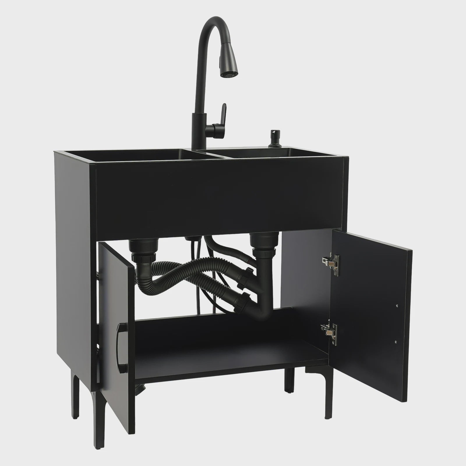 Dubbele RVS Spoelbak met Zwart Wastafelmeubel - Vrijstaand 30-Inch