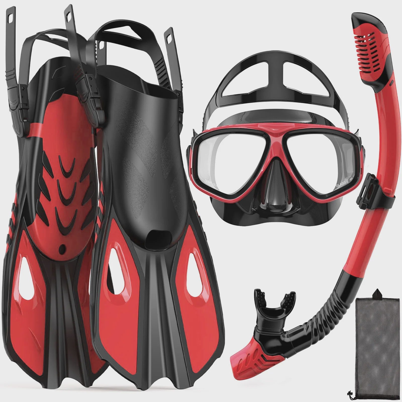 Complete snorkelset voor volwassenen: masker, snorkel, flippers en tas