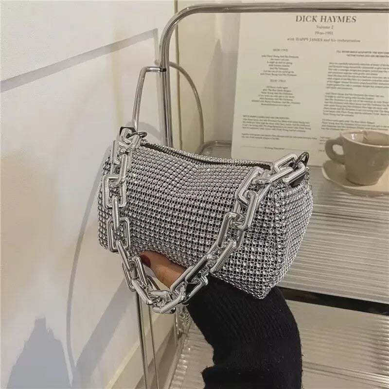 Glamoureuze Strass Bucket Bag met Glitter Ketting - Mini Crossbody Tasje