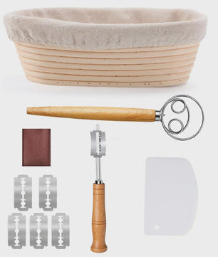 Brood Bakset: Banneton Oval 25cm met Broodmes, Deegklopper & Scraper