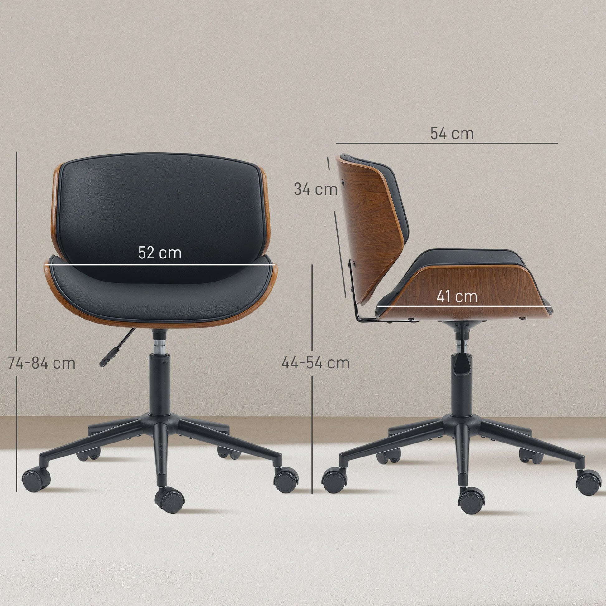 Vintage Armloze Bureaustoel - Draaibaar, PU Leer & Gebogen Hout - In Hoogte Verstelbaar - Zwart/Bruin