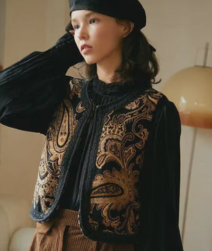 Dames Vintage Paisley Jacquard Vestje met Geborduurde Randen - Stijlvol Lente/Herfst Reisvest