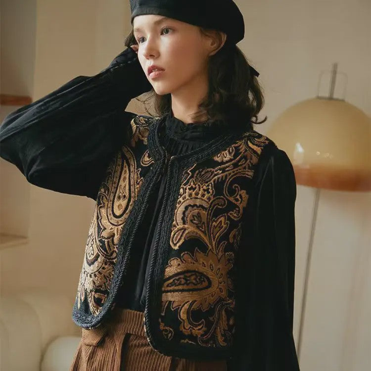 Dames Vintage Paisley Jacquard Vestje met Geborduurde Randen - Stijlvol Lente/Herfst Reisvest