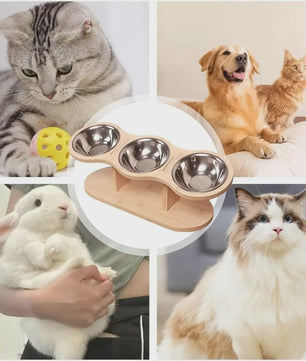 Verhoogde Bamboe Voerbak voor Hond en Kat - 3 Bakken, Ergonomisch Ontwerp