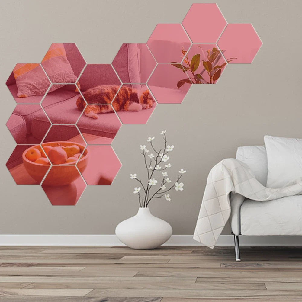 Zeskant Spiegel Muurstickers Set - 3D Decoratie voor Woonkamer, Slaapkamer & Badkamer (Rose Gold)