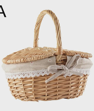 Handgemaakte Riet Picknickmand met Deksel en Handvat - Willow Woven Opbergmand