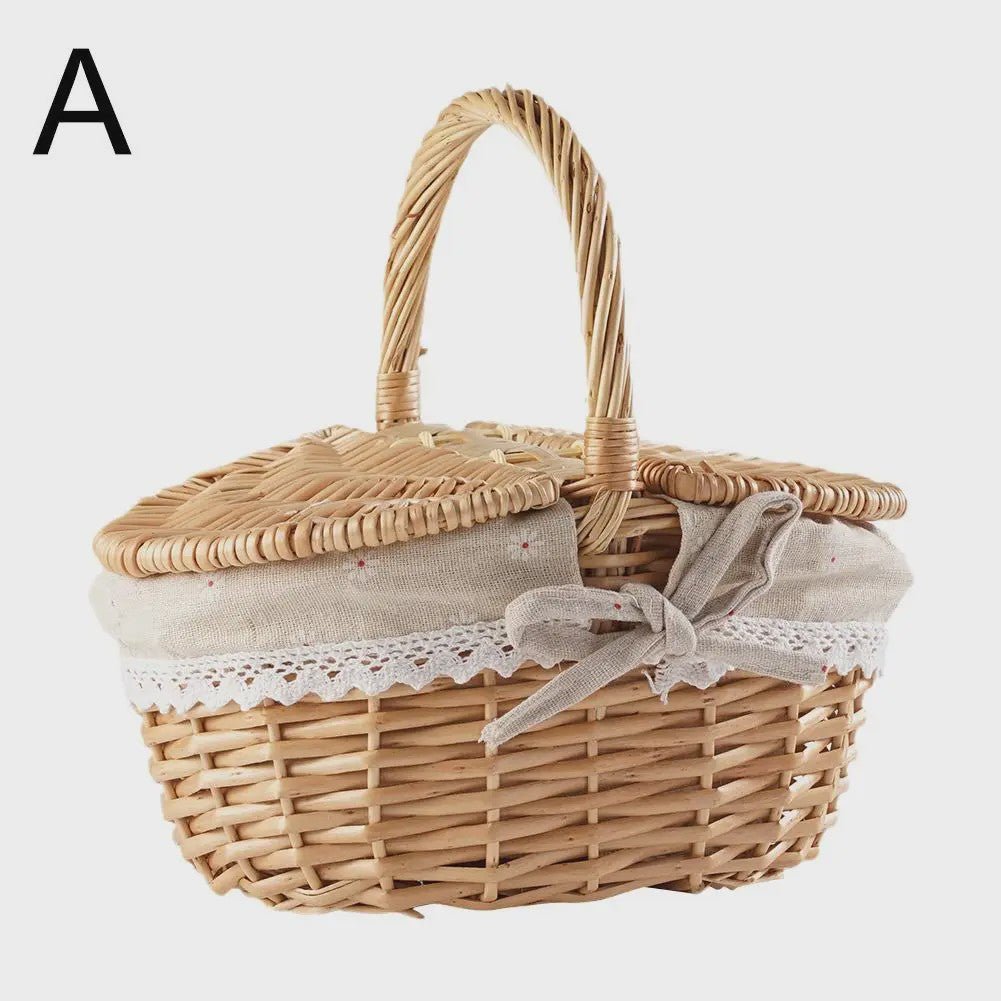 Handgemaakte Riet Picknickmand met Deksel en Handvat - Willow Woven Opbergmand