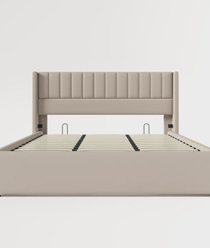 Hydraulisch Boxspringbed 180x200cm Beige Gestoffeerd met Houten Lattenbodem en Opbergruimte