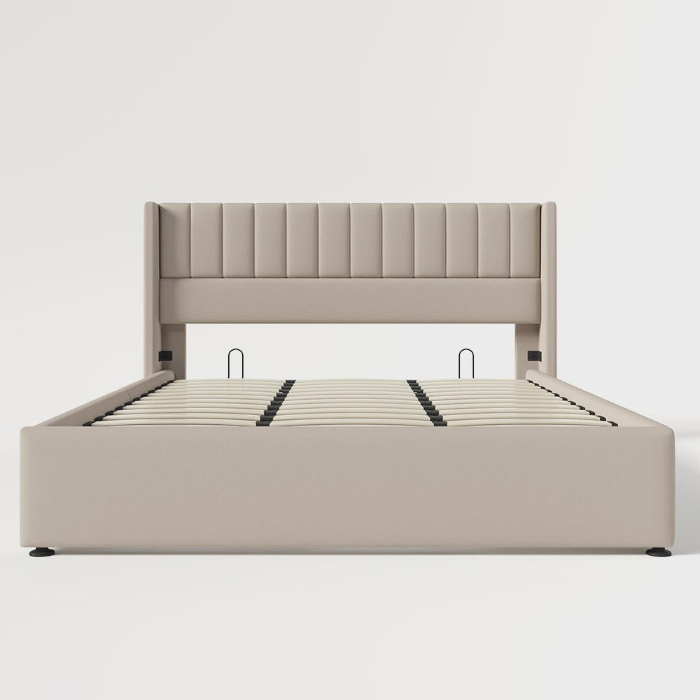 Hydraulisch Boxspringbed 180x200cm Beige Gestoffeerd met Houten Lattenbodem en Opbergruimte