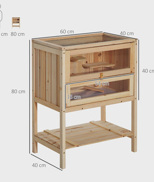 Pawhut Wooden Hamster Cage with Ramp, Folding Roof, Plexiglass Window and Lower Shelf 60X40X80 cm Natural