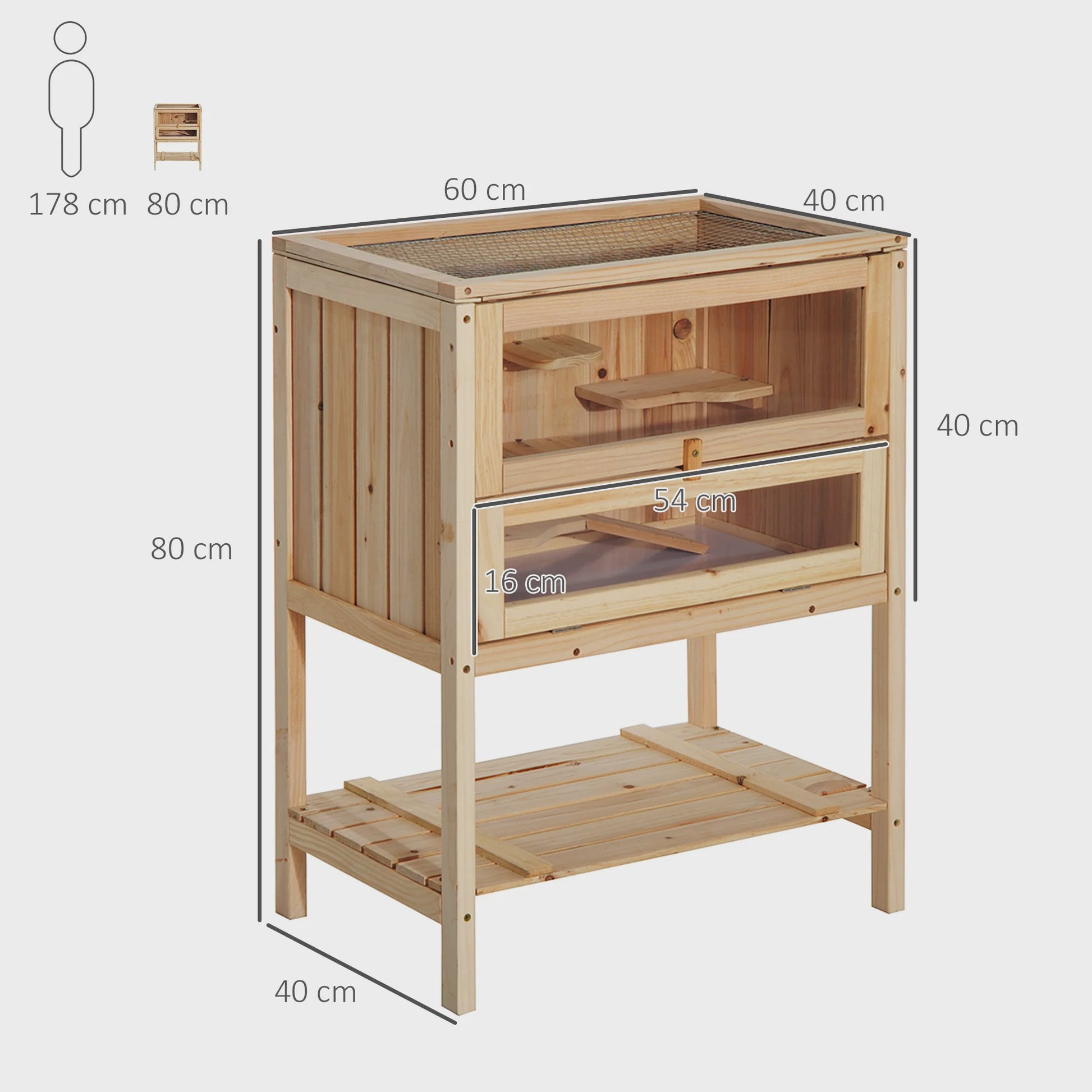 Pawhut Wooden Hamster Cage with Ramp, Folding Roof, Plexiglass Window and Lower Shelf 60X40X80 cm Natural