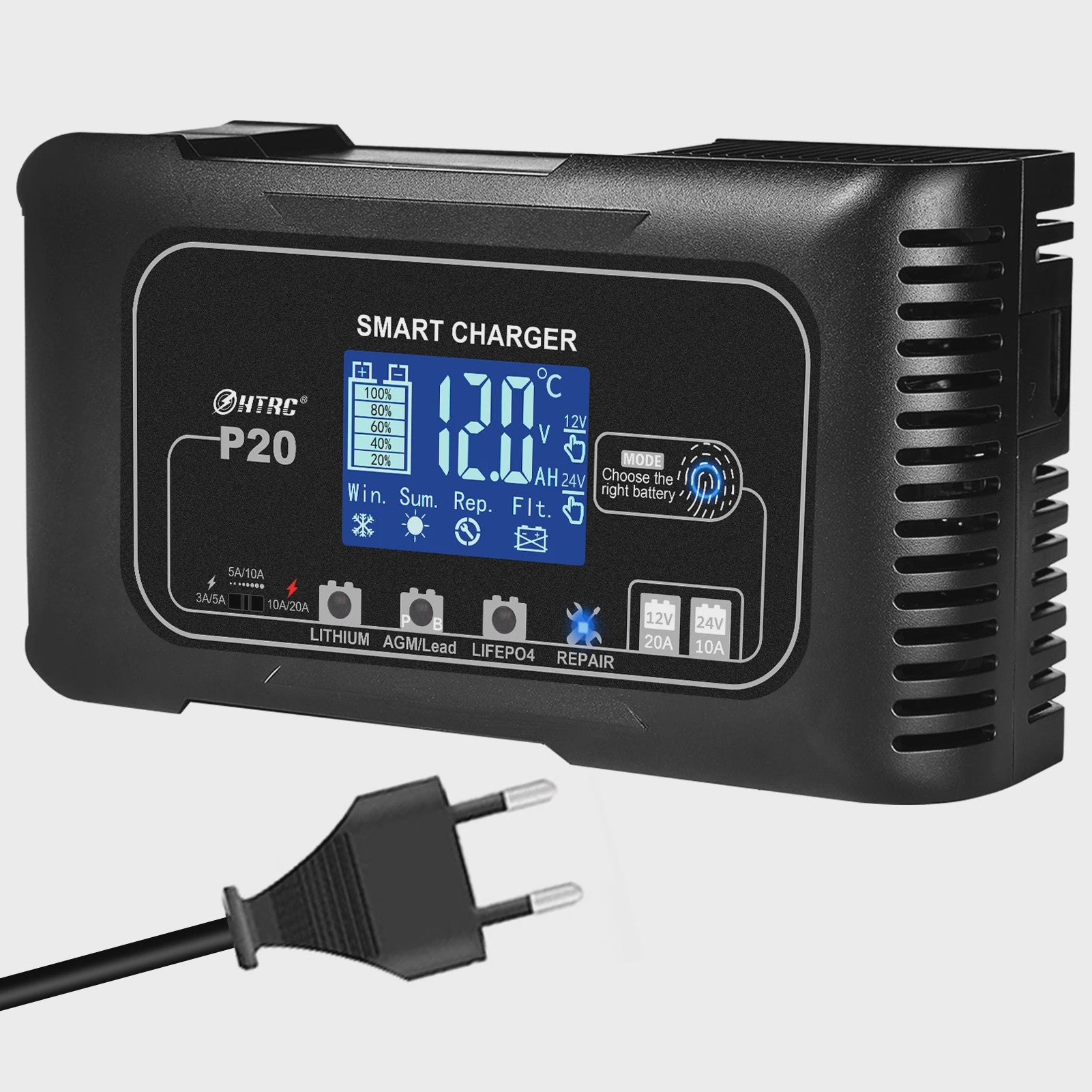 HTRC Slimme Acculader 12V/24V - Reparatie & Onderhoud voor Auto, Motor, AGM, Lithium