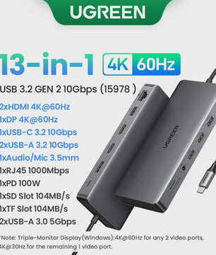 UGREEN 8-in-1 USB-C Hub: Triple 4K Display, 10Gbps, 100W PD - Ideaal voor MacBook & PC