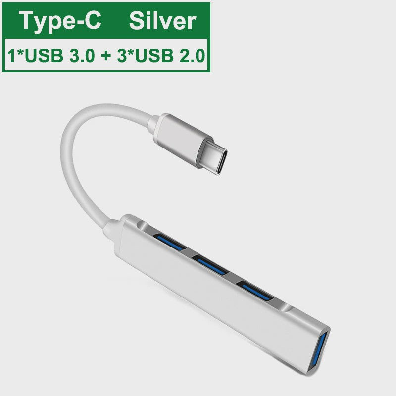 USB C Hub 3.0 met 4 Poorten (1x USB 3.0, 3x USB 2.0) & OTG Functie - Aluminium Adapter voor Laptop & PC
