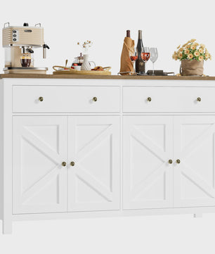 Stijlvol Wit Dressoir 140cm met Houten Top - Ruime Opbergkast voor Woon- en Eetkamer