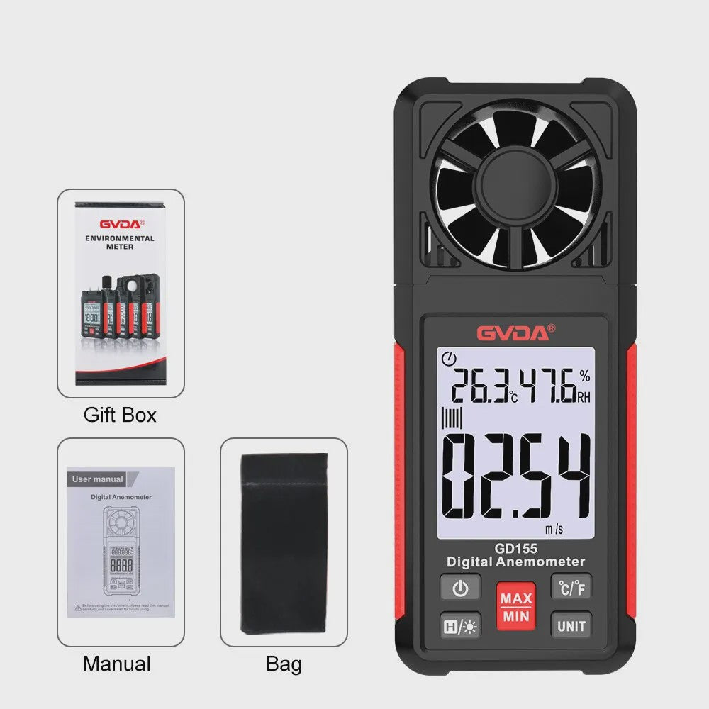 GVDA GD155 Digitale Windsnelheidsmeter met Temperatuur & Vochtigheid, LCD Achtergrondverlichting