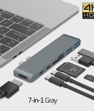 7-in-1 USB-C Hub met HDMI 4K, Thunderbolt 3, SD/TF Kaartlezer & Power Delivery voor MacBook