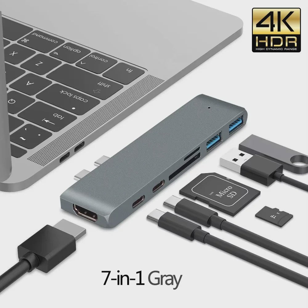 7-in-1 USB-C Hub met HDMI 4K, Thunderbolt 3, SD/TF Kaartlezer & Power Delivery voor MacBook